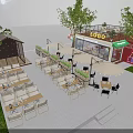 Outdoor Restaurant Nighttime Ambiance With Wooden Cabin Decor Outdoor Seating Umbrellas Trees And Neon Signage