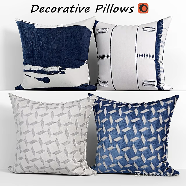 Blue And White Decorative Pillows With Striped Geometric And Abstract Patterns 3d model 