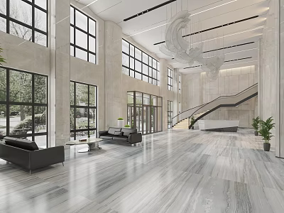 Modern Hotel Lobby With Large Windows Black Leather Sofas Marble Flooring And Staircase 3d model