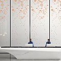 Modern Marble Reception Desk In Lobby With Decorative Wall And Staff Working