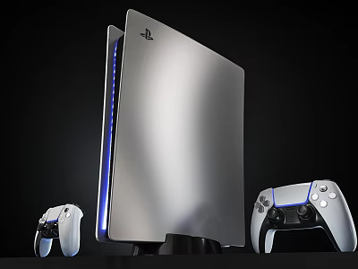 PS5 Silver Computer Gaming Console With Blue Light Bar And Dual Controllers 3d model