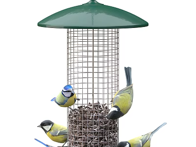 Decorative Ornament Set With Green Roof Bird Feeder Metal Mesh And Small Birds Pecking Seeds 3d model