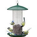 Decorative Ornament Set With Green Roof Bird Feeder Metal Mesh And Small Birds Pecking Seeds
