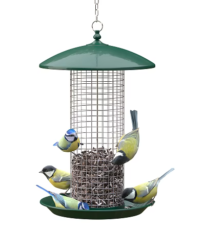 Decorative Ornament Set With Green Roof Bird Feeder Metal Mesh And Small Birds Pecking Seeds 3d model