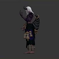 Fantasy Character With White Long Hair Red Skin Holding Blue Orb And Ornamental Containers