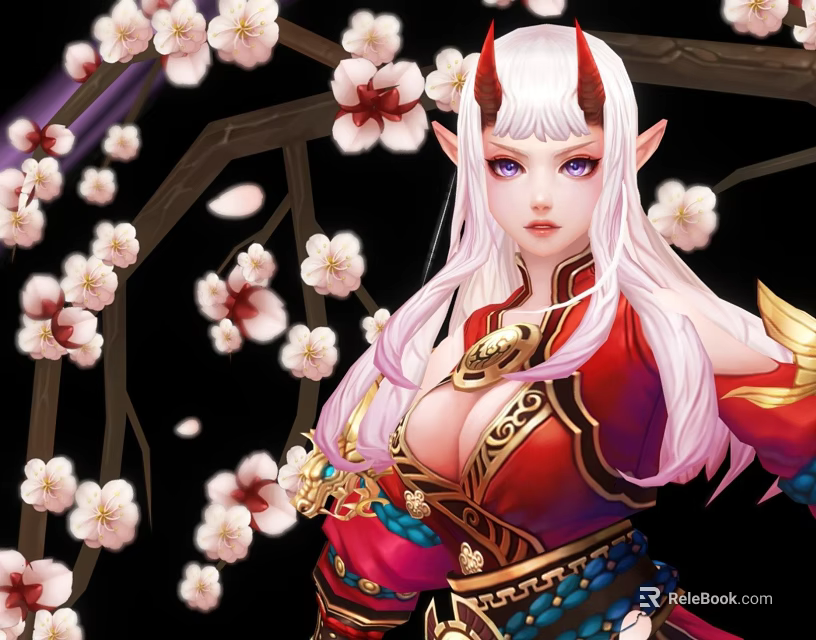 Fantasy Female Game Character Long White Hair Red Horns Ornate Red Gold Outfit Cherry Blossoms 3d model 
