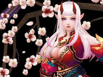 Fantasy Female Game Character Long White Hair Red Horns Ornate Red Gold Outfit Cherry Blossoms 3d model