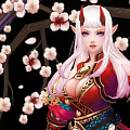 Fantasy Female Game Character Long White Hair Red Horns Ornate Red Gold Outfit Cherry Blossoms