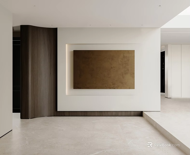 Modern Entryway Hallway Interior Design With Wooden Panel Decorative Painting And Marble Floor 3d model 