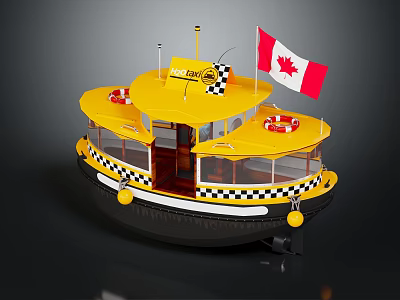 Yellow Water Taxi With Canadian Flag Life Rings And Black White Checkered Decorations 3d model