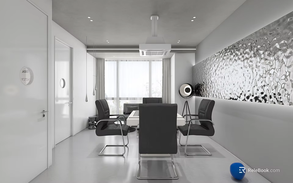 Modern Clubhouse Interior With Meeting Table Black Chairs Large Windows And Silver Textured Wall 3d model 