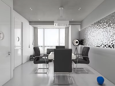 Modern Clubhouse Interior With Meeting Table Black Chairs Large Windows And Silver Textured Wall 3d model
