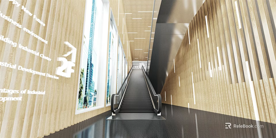 Modern Escalator Hallway With Wooden Walls Glass Windows And Sleek Lighting 3d model 