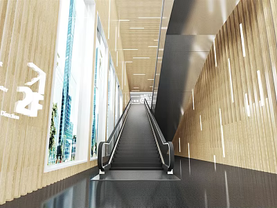 Modern Escalator Hallway With Wooden Walls Glass Windows And Sleek Lighting 3d model