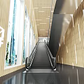 Modern Escalator Hallway With Wooden Walls Glass Windows And Sleek Lighting