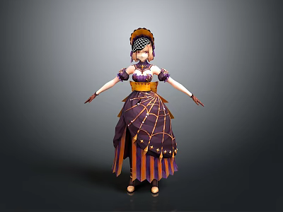 Fashionable Daily Wear Clothing With Purple Yellow Striped Design And Elegant Headpiece 3d model