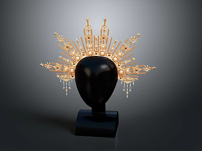 Luxurious Golden Tiara With Intricate Design And Crystal Pendants On Display Stand 3d model