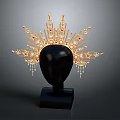 Luxurious Golden Tiara With Intricate Design And Crystal Pendants On Display Stand