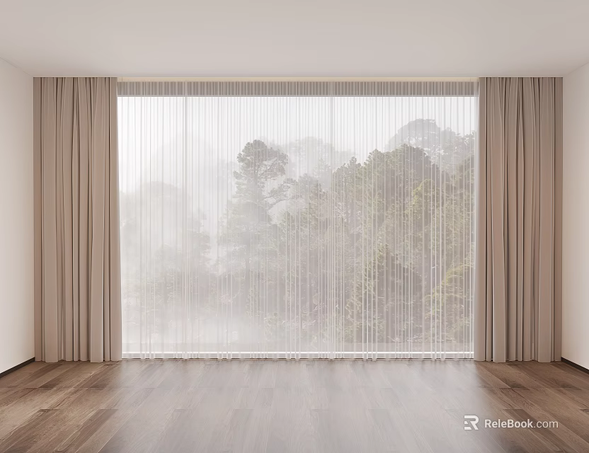 Elegant Light Filtering Curtains For Living Room With Misty Forest View Outside And Wooden Floor 3d model 