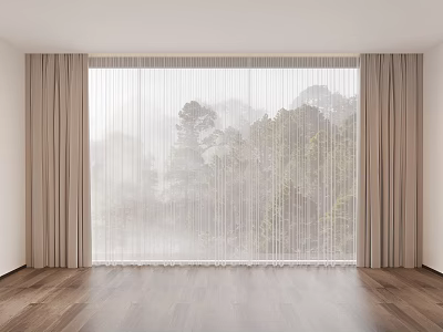 Elegant Light Filtering Curtains For Living Room With Misty Forest View Outside And Wooden Floor 3d model