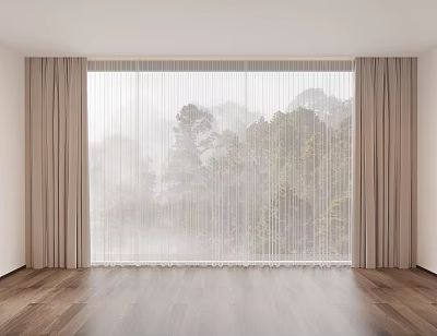 Elegant Light Filtering Curtains For Living Room With Misty Forest View Outside And Wooden Floor 3d model