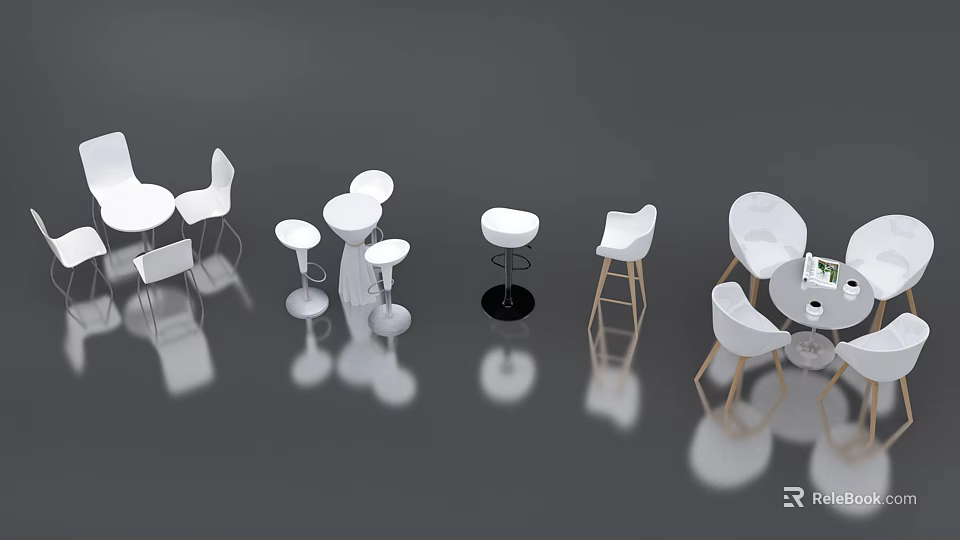Modern White Leisure Chairs with Sleek Design Metal Wooden Legs and Small Tables 3d model 
