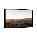Scenic Canyon Landscape Painting With Sunset Light Layered Mountains Flying Birds And River