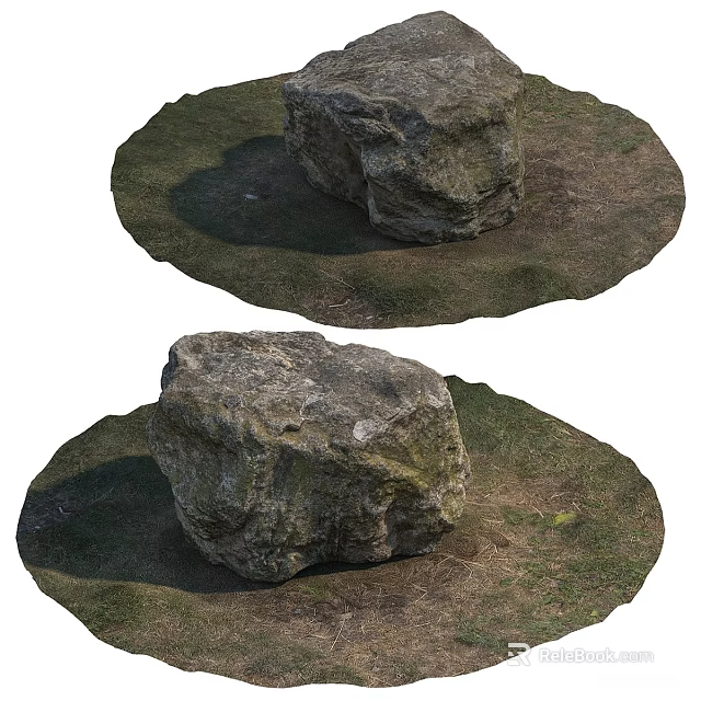 Two Pieces Of Natural Rough Stones With Grassy Dirt Base For Outdoor Garden Landscape Decoration 3d model 