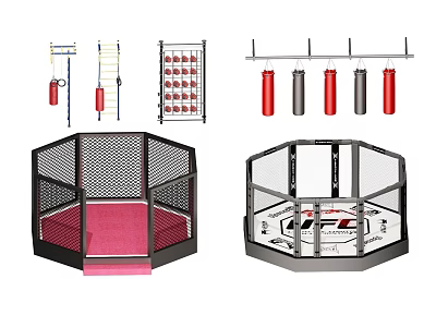 MMA Training Equipment With Octagon Cage Hanging Punching Bags And Fitness Gear 3d model