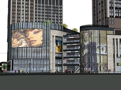 Modern Commercial Street with Modern Architecture Large Billboards Glass Facades Pedestrians and Rooftop Greenery 3d model