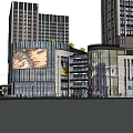 Modern Commercial Street with Modern Architecture Large Billboards Glass Facades Pedestrians and Rooftop Greenery