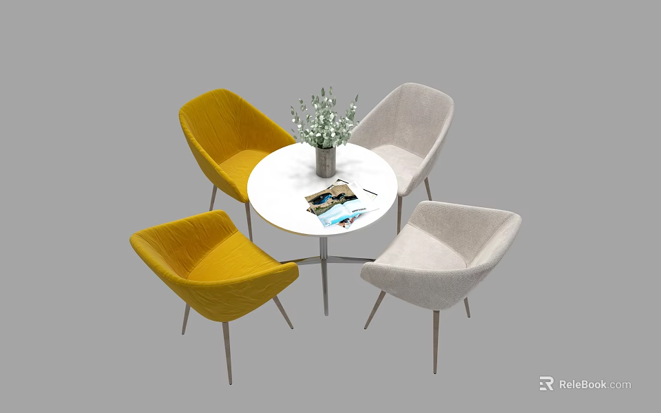 Four Modern Yellow And Beige Leisure Chairs Around Round Table With Vase Flowers And Magazine 3d model 