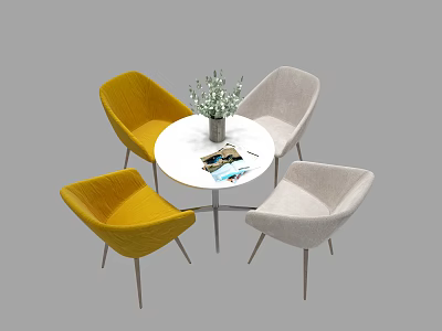 Four Modern Yellow And Beige Leisure Chairs Around Round Table With Vase Flowers And Magazine 3d model