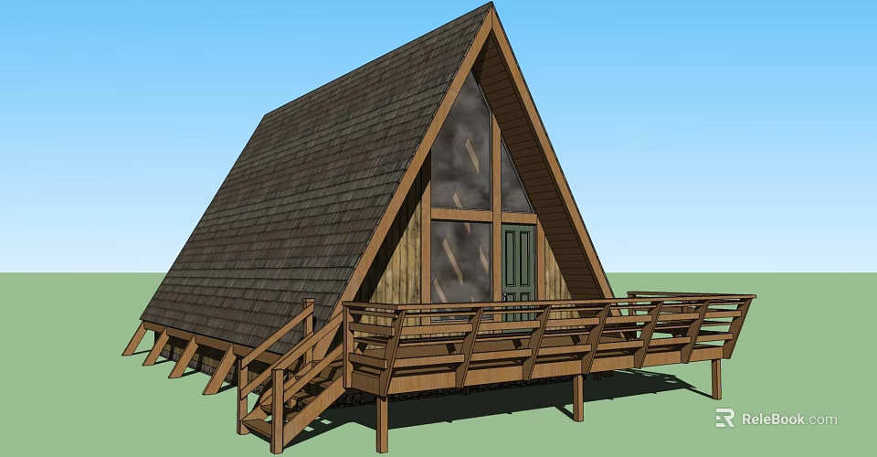 A Frame Roof Wooden House With Large Windows And Wooden Deck Railings 3d model 
