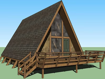 A Frame Roof Wooden House With Large Windows And Wooden Deck Railings 3d model