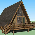 A Frame Roof Wooden House With Large Windows And Wooden Deck Railings