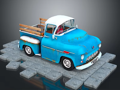 Vintage Blue Functional Pickup Truck With Wooden Bed 3d model