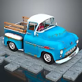 Vintage Blue Functional Pickup Truck With Wooden Bed