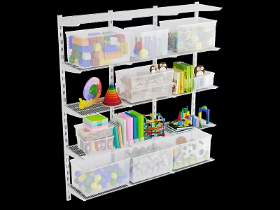 Storage Shelving Unit with Multiple Tiers Transparent Bins Organizing Colorful Toys And Books 3d model