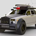 Silver Off Road Style Car with Surfboard Red Light on Roof and Front Grille Design