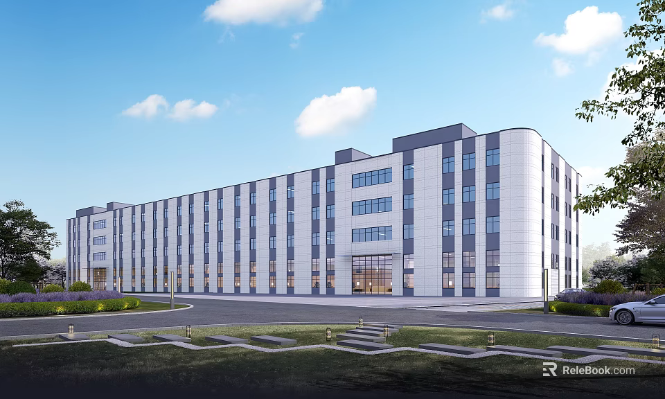 Modern Industrial Factory Building Exterior With Multi Storey Structure And Landscaping 3d model 