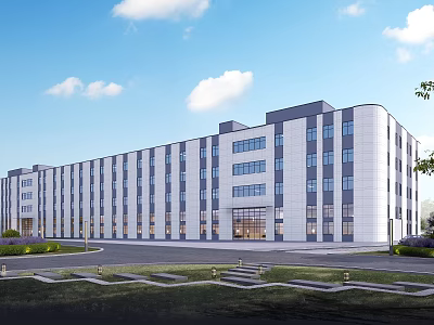 Modern Industrial Factory Building Exterior With Multi Storey Structure And Landscaping 3d model