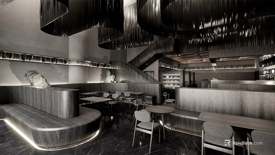 Modern Café Interior With Spiral Black Chandeliers Curved Seating Tables Chairs And Staircase 3d model 