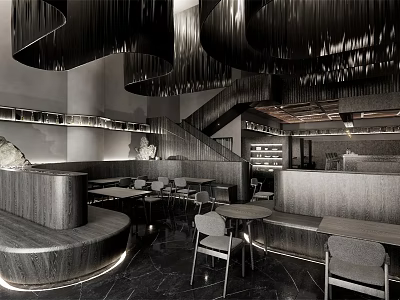 Modern Café Interior With Spiral Black Chandeliers Curved Seating Tables Chairs And Staircase 3d model