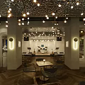 Modern Bar Interior Design With Chandelier Lighting Marble Tables And Metal Chairs