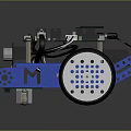 Small Robot With Blue Frame Green Circuit Board Black Motors And White Wheels