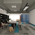 Modern Office Interior Design With Meeting Table Chairs Bookshelf Sofa And Patterned Carpet
