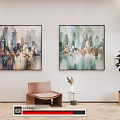 Interior Decor With Cityscape Paintings Hanging On Wall Brown Chair Small Table And Potted Plant
