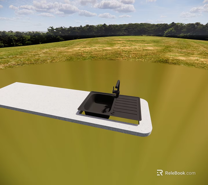 Black Kitchen Sink with Drainboard on White Countertop in Outdoor Grassy Setting 3d model 