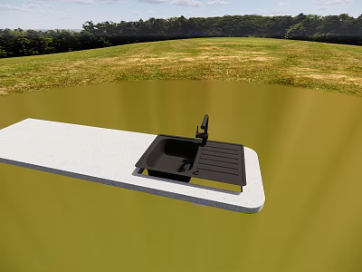 Black Kitchen Sink with Drainboard on White Countertop in Outdoor Grassy Setting 3d model